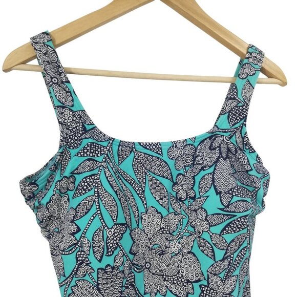 Lands End One Piece Floral Geometric Slimming Tank Swimsuit Size 14 Stretch Blue - Picture 2 of 9